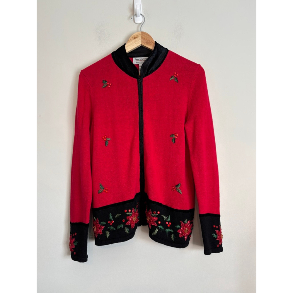 Tiara International Red Black Christmas Cardigan Medium